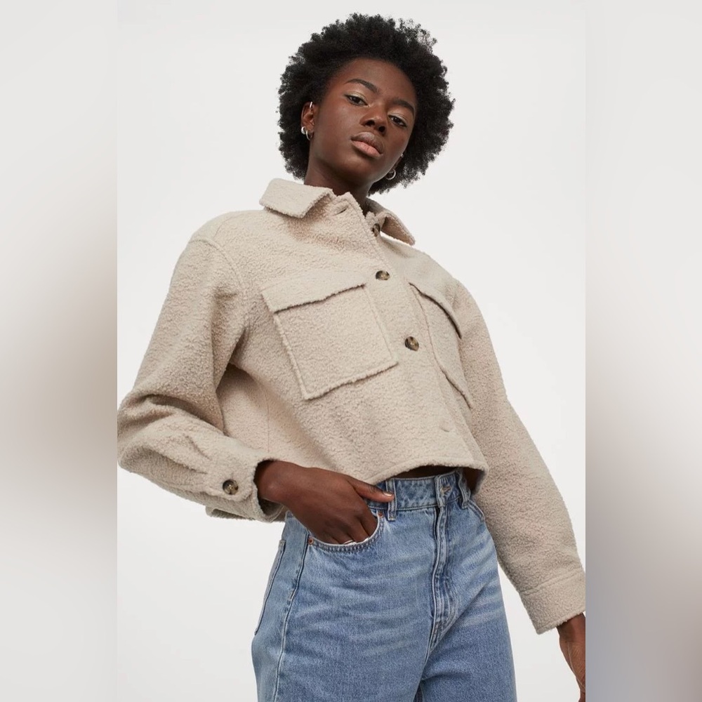H&M Crop Shirt Jacket shacket in taupe Beige size medium - Picture 2 of 9